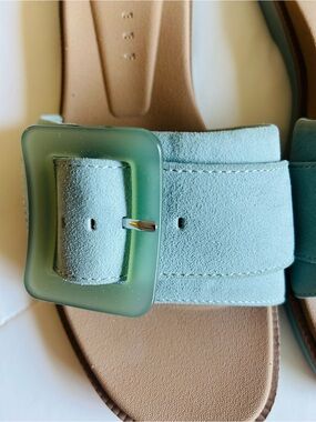 Reef Aqua Suede Slide Sandals with Translucent Aqua Buckle